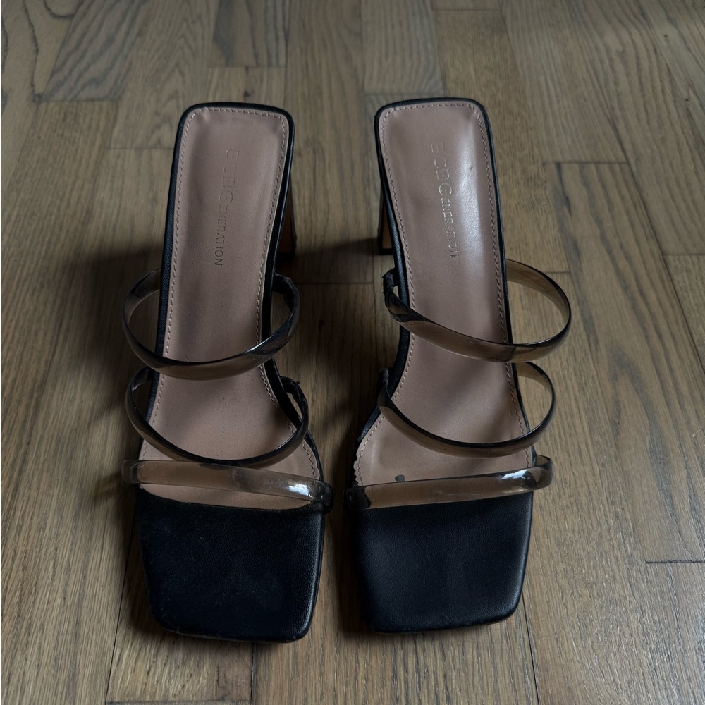 BCBGeneration Black Slide Heels with Smoky Clear Straps